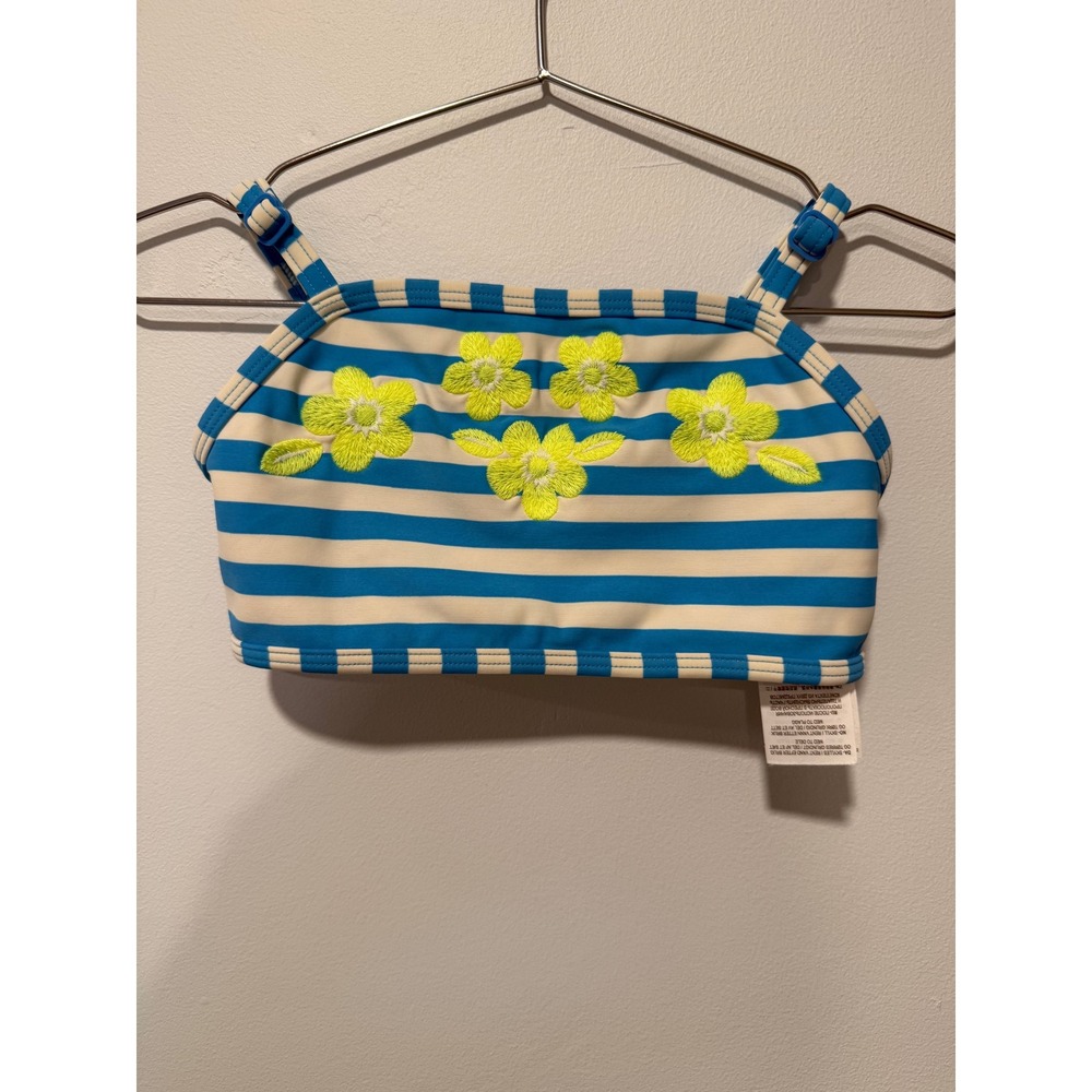 Boden Girls Blue White Striped Floral Embroidered Bikini Swim Top Size 5-6Y